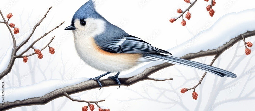 Poster the colorful bird is resting on a tree branch adorned with small red berries, showcasing a serene mo
