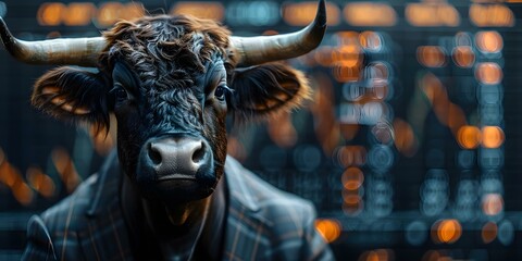 An ox in a suit stands confidently in front of a chart symbolizing business success and stock market growth. Concept Business Ox, Stock Market Success, Confident Suit, Symbolic Chart, Animal Portrait - obrazy, fototapety, plakaty