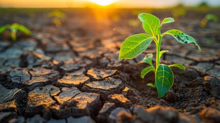 Resilient Green Seedling Growing in Dry Cracked Soil at Sunrise Representing Hope, New Life, and Environmental Recovery Concept