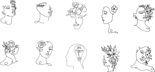 One continuous line drawing of human head with plant inside. Mental health and psychology vector concept. Creative ideas, grow up, positive thinking and self care. Growth mindset skills illustration