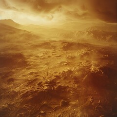 Artistic stock photo of Venus' surface as imagined from a spacecraft descending through its hostile atmosphere, showing volcanic plains and potential signs of ancient lava flows - obrazy, fototapety, plakaty