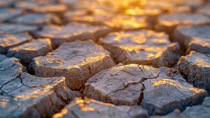 Golden Hour Light Casting Shadows on Cracked Dry Earth Texture, Concept of Drought and Climate Change - Powered by Adobe