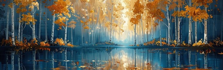 Golden Birch Forest: Abstract Acrylic Oil Painting with Water Reflection and AI Gold Details