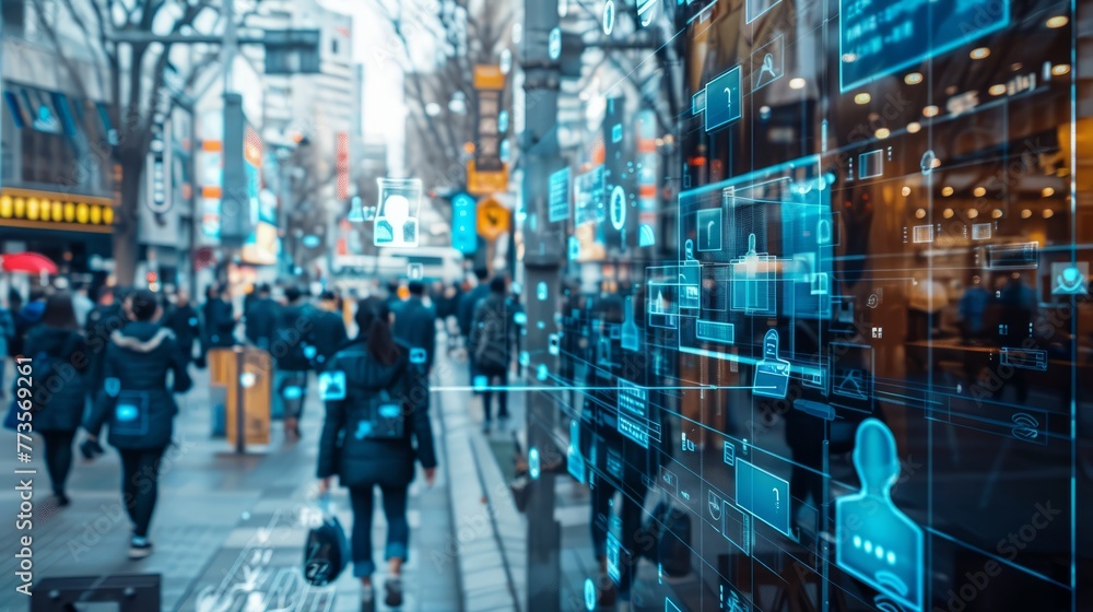 Poster surveillance camera capturing a crowded pedestrian zone, software interface tagging faces with perso