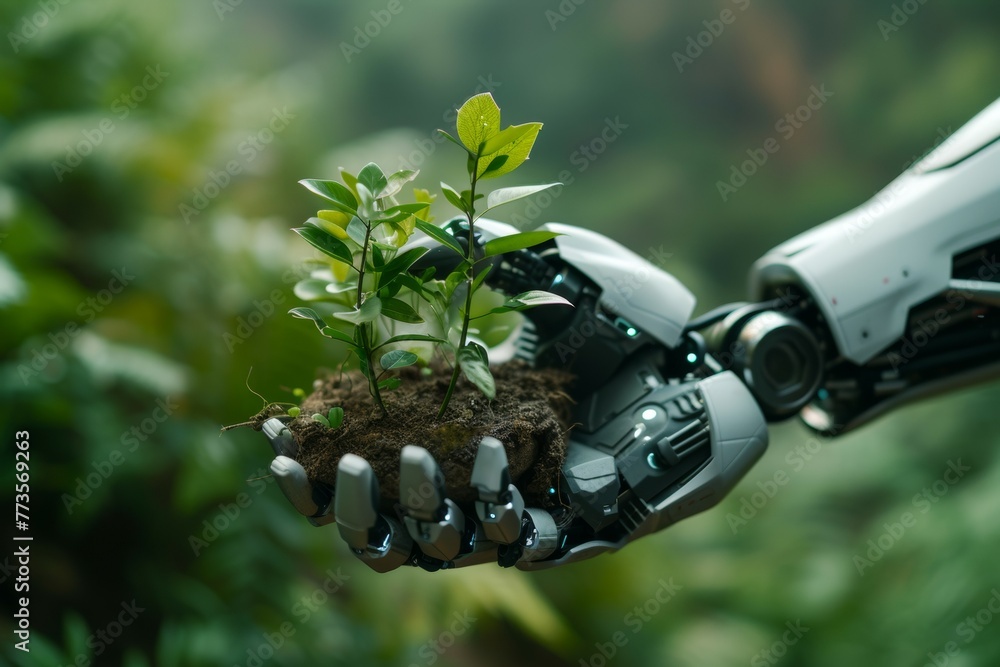 Poster a robot hand works on a modern farm. background with selective focus and copy space