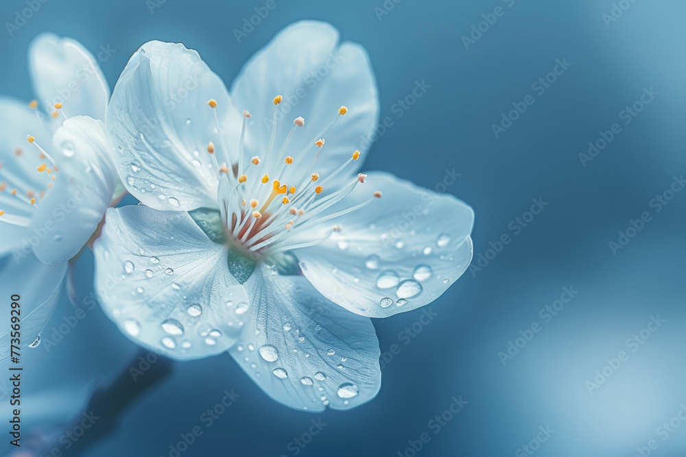 Sticker A close up of a white flower with droplets of water on it