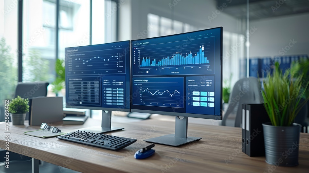 Poster high-tech office setup with dual monitors displaying a document management system interface, pen sig
