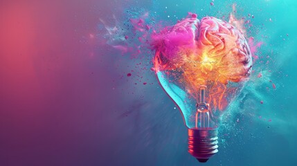 Indigo pastel background, 3D light bulb, vibrant brain motif, a high-res beacon of creativity - obrazy, fototapety, plakaty