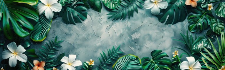 Green and White Tropical Wall Texture with Geometric Tiles and Floral Background - Banner Illustration