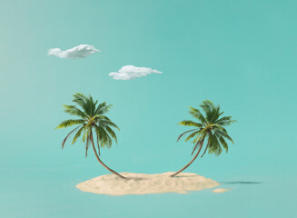 Trendy Summer composition made of Coconut trees with beach sand on blue background. Minimal summer concept.Creative art,Contemporary style.Banner background with writing space and copy space.