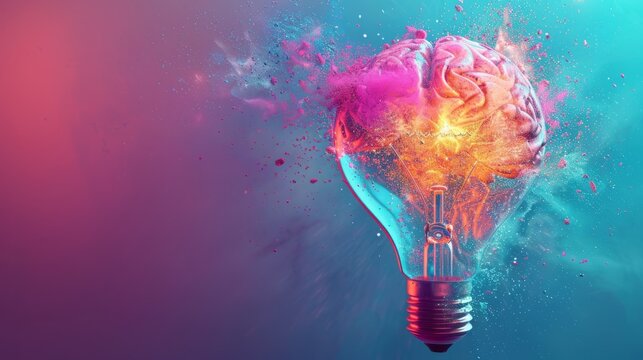 Indigo pastel background, 3D light bulb, vibrant brain motif, a high-res beacon of creativity
