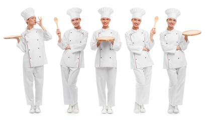 Chef in uniform on white background, set with photos
