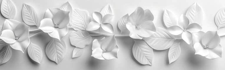 Blooming White Wall Texture: Floral Leaves and Tiles with Panoramic AI-Generated Flower and Leaf Pattern Illustration