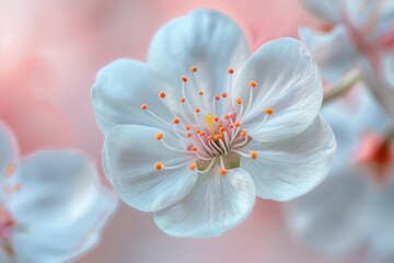 A close up of a white flower with orange spots