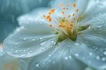 A close up of a white flower with droplets of water on it - Powered by Adobe