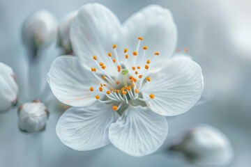 A close up of a white flower with yellow centers