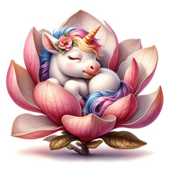 Baby unicorn sleeps nestled in the heart of a big flower.