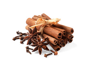 Many different aromatic spices on white background