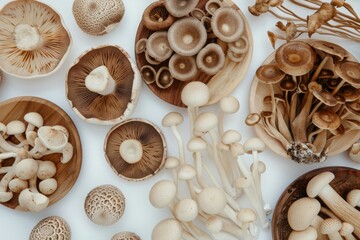 A variety of mushrooms are displayed in different bowls, with some being larger