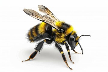 A yellow and black bee is standing on a white background - Powered by Adobe