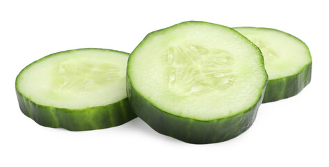 Slices of long cucumber isolated on white