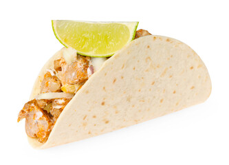 Delicious taco with meat, onion and lime isolated on white