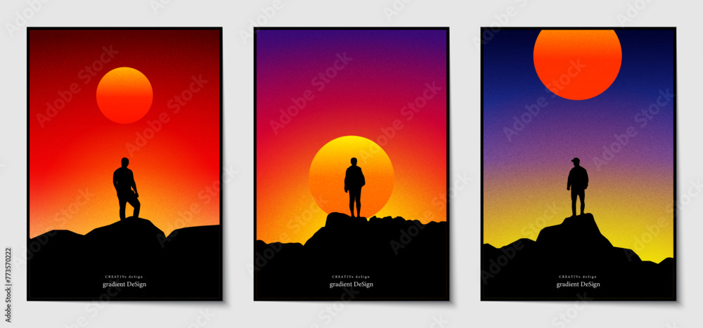 Poster graphic art images with minimalist style gradient texture. silhouette of a man standing on the top o