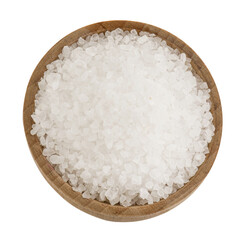 Natural salt in wooden bowl isolated on white, top view