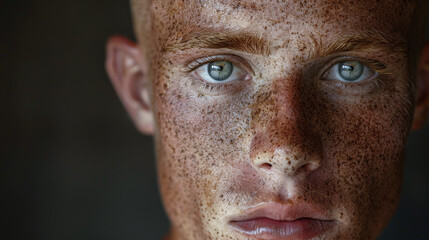 Extreme closeup studio portrait of handsome man with freckles, sculpted facial features and s a strong jaw line. - obrazy, fototapety, plakaty