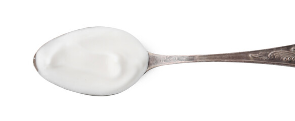 Delicious natural yogurt in spoon isolated on white, top view