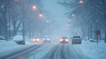 A city street becomes a snowy landscape with cars almost completely obscured by the blizzard.