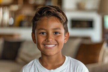 A young boy with brown hair and a white shirt is smiling