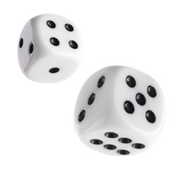 Two dice in air on white background