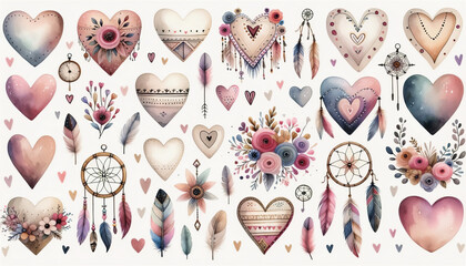 A collection of whimsical hearts and dreamcatchers in soft colors with floral and feather details. - obrazy, fototapety, plakaty