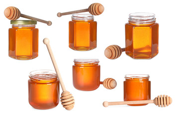 Natural honey in glass jars and dippers isolated on white, set