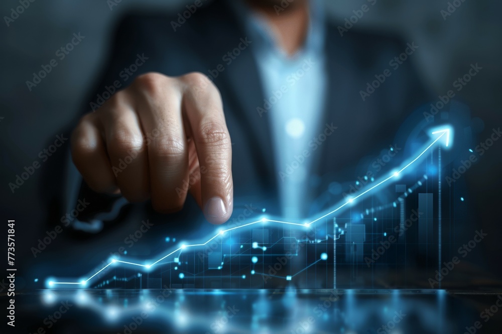 Poster a man in a suit is pointing at a graph that shows a rising line