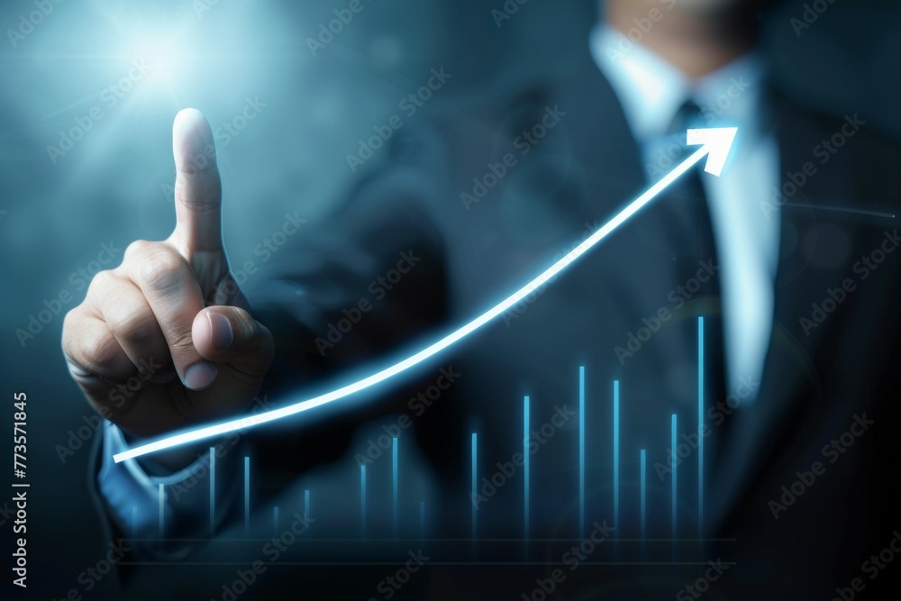 Poster a man in a suit is pointing to a graph with a blue arrow