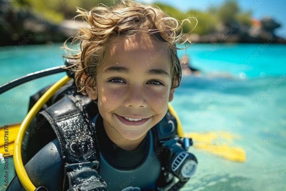 Poster child at diving lessons. background with selective focus and copy space