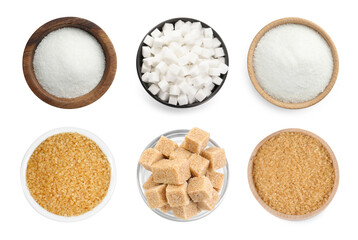 Set of different sugar (granulated and cubes) isolated on white, top view