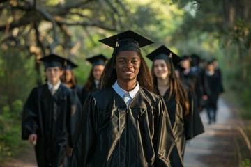 Fotobehang A group of people wearing graduation gowns are walking down a path © top images