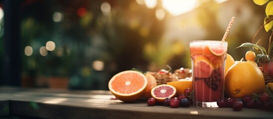 Fruit juice in a glass sits among an assortment of fresh fruits including apples, oranges, and bananas on a wooden table