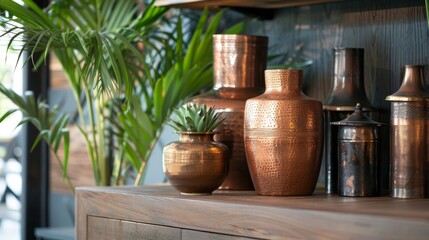 The warm glow of copper jars and terracotta pots beautifully contrast against the rich earthy tones of the podiums creating a harmonious . .