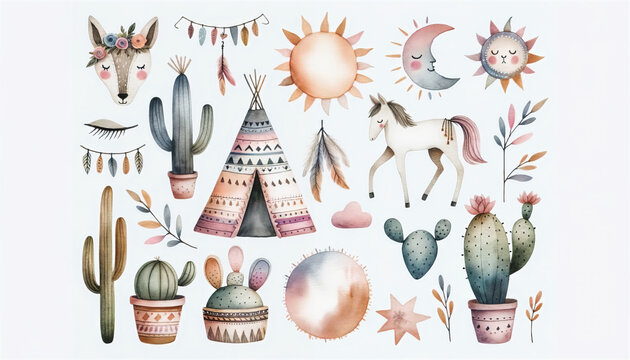 A watercolor set featuring a coyote, cacti, teepee, and celestial motifs on a neutral background.