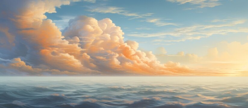 Sunset painting captures the serene beauty of the ocean with vibrant colors reflecting on the water, surrounded by fluffy clouds in the sky