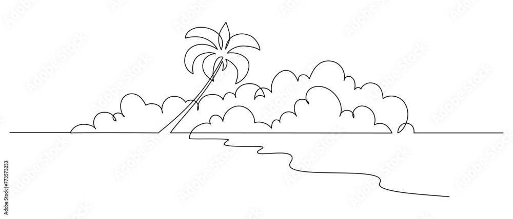 Poster one continuous line drawing of beach with palm tree. abstract tropical landscape with sea and clouds