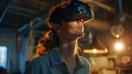 Female Virtual Reality Engineer/ Developer Wearing Virtual Reality Headset Creates Content With Her Colleagues. Bright Young People Work on the Augmented & Mixed Reality Project.