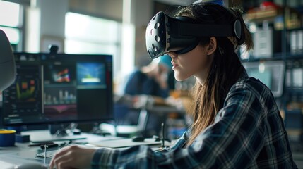 Female Virtual Reality Engineer/ Developer Wearing Virtual Reality Headset Creates Content With Her Colleagues. Bright Young People Work on the Augmented & Mixed Reality Project.