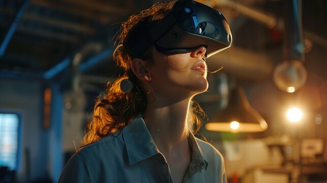 Female Virtual Reality Engineer/ Developer Wearing Virtual Reality Headset Creates Content With Her Colleagues. Bright Young People Work on the Augmented & Mixed Reality Project.