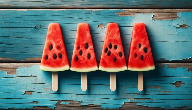 Watermelon ice pops on a rustic blue wooden background, a perfect treat for hot summer days.