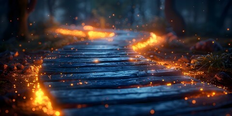 A lit pathway symbolizing determination and resilience on the journey towards achieving visionary dreams. Concept Achieving Dreams, Pathway of Resilience, Visionary Journey, Lit Path Symbol - obrazy, fototapety, plakaty